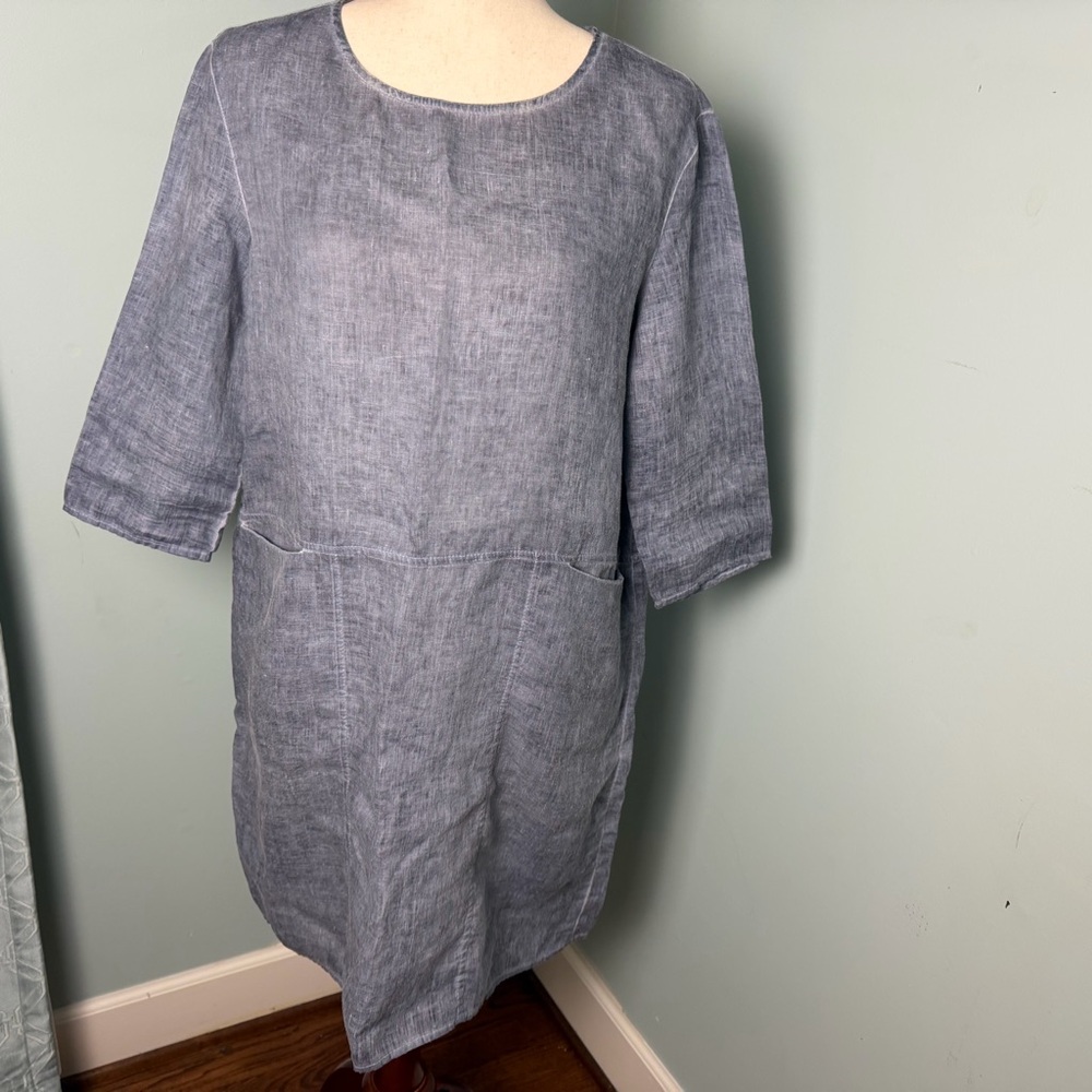 Beau Jour 100% Linen Lagenlook Tunic Dress Blue Gray Relaxed Minimalist Size S